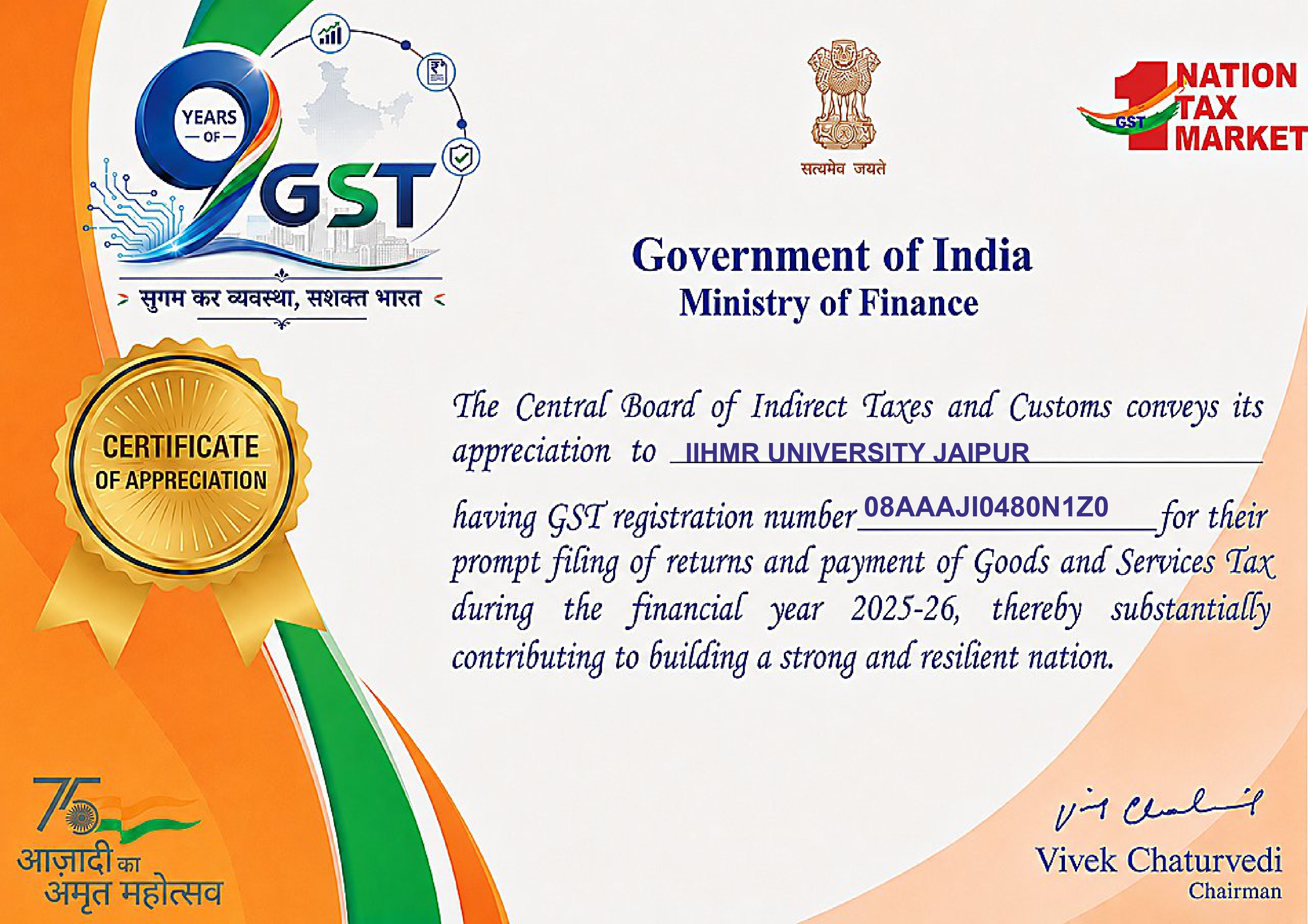 CBIC Certificate of Appreciation awarded to IIHMR University for exemplary GST compliance during Financial Year 2025–26